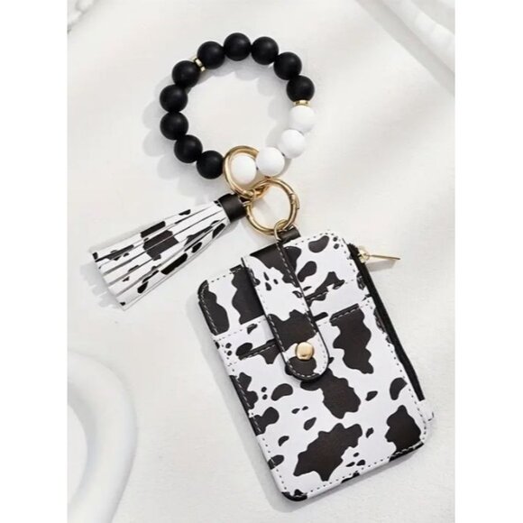 Cow Print Wristlet Keychain Wallet With Tassel Faux Leather Card Holder & Zipper - Picture 1 of 2